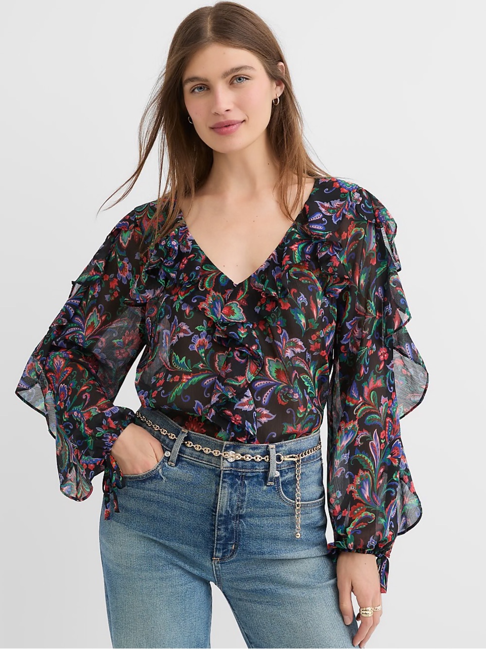 Loft Floral Ruffle Tie Cuff Blouse